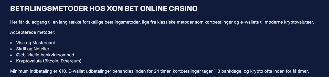 XON Bet sektion med accepterede betalingsmetoder