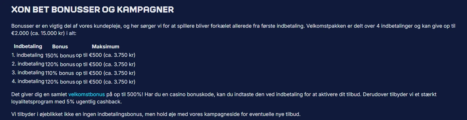 XON Bet bonussektion med den aktuelle velkomstpakke