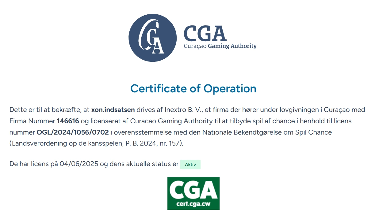 Curaçao Gaming Authority-certifikat for XON Bet og Inextro B.V.