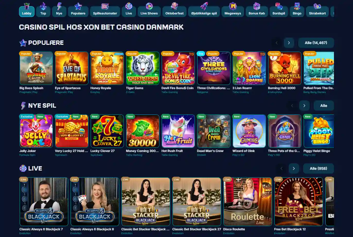 XON Bets aktuelle danske casino-lobby