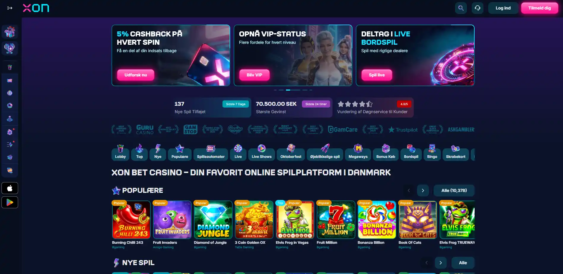 Den danske XON Bet-forside med casinoets navigation og branding